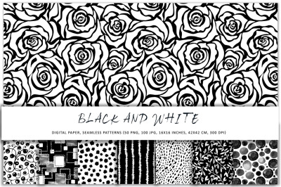 Black and white abstract patterns, digital paper, seamless patterns