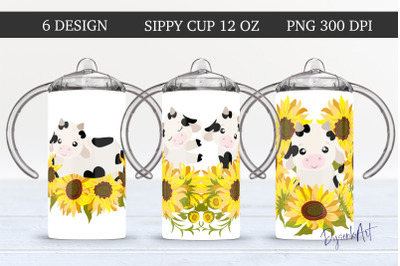 Cow Sunflower 12 Oz Sippy Cup Sublimation PNG