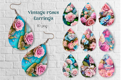 Vintage roses earring sublimation Teardrop earring template