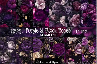 Hand Drawn Watercolor Gothic Purple Black Roses And Peonies