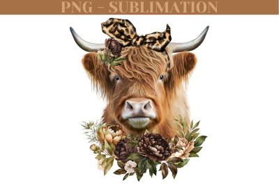Highland Cow Png | Cow With Flowers Png | Sublimation File