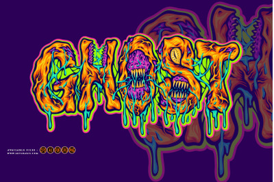 Creepy ghost word typeface with monster effect illustration