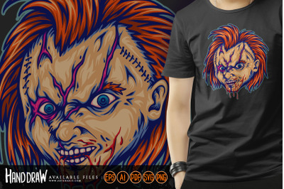 creepy chucky doll head childs play illustration