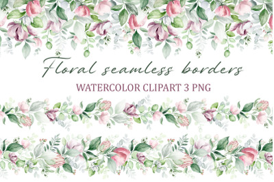 Floral clipart. Watercolor summer flowers. 3 PNG borders.