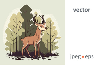 Cute kawaii fawn deer calf in a magical forest. Flat vector illustrati