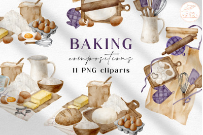 Watercolor Baking Clipart Compositions. Cooking PNG Illustrations Set
