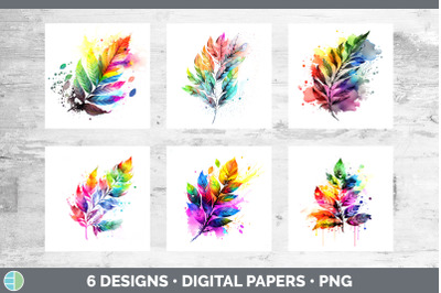 Rainbow Ash Leaves Paper Backgrounds | Digital Scrapbook Papers Design