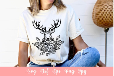 Deer With Antlers And Flowers SVG File