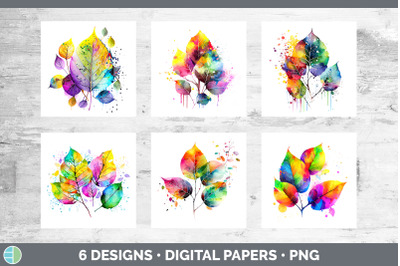 Rainbow Aspen Leaves Paper Backgrounds | Digital Scrapbook Papers Desi