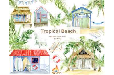 Watercolor Tropical Beach House Clipart, house illustration, Summer