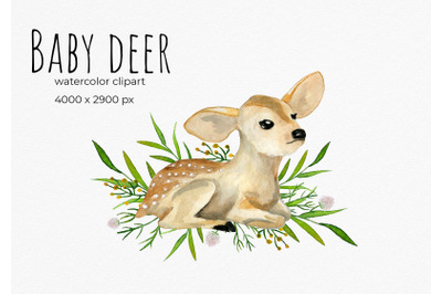 Summer baby deer. Summer birthday baby shower party, green florals. Wa