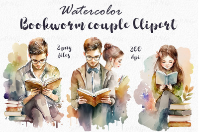 Watercolor Bookworm couple clipart