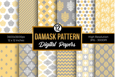 Grey &amp; Yellow Damask Pattern Digital Papers