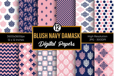 Blush &amp; Navy Damask Pattern Digital Papers