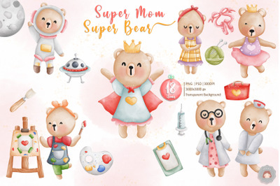 Watercolor Super Mama Bear Clipart