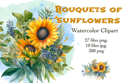 Bouquets of watercolor sunflowers.