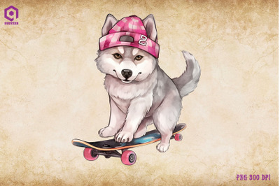 Siberian Husky Dog Skateboarding