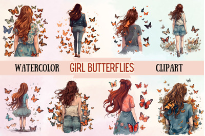 Watercolor Girl Butterflies Clipart