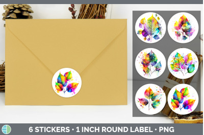 Rainbow Aspen Leaves Stickers | Round Labels Designs Bundle