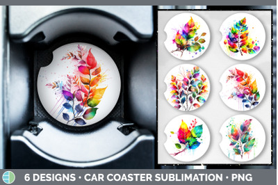 Rainbow Birch Leaves Car Coaster | Sublimation Coaster Designs Bundle