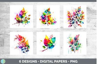 Rainbow Birch Leaves Paper Backgrounds | Digital Scrapbook Papers Desi