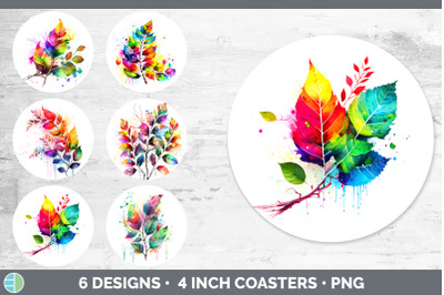 Rainbow Birch Leaves Round Coaster | Sublimation Coaster Designs Bundl