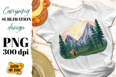 Camping sublimation design. Mountain and forest landscape