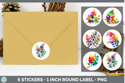 Rainbow Birch Leaves Stickers | Round Labels Designs Bundle