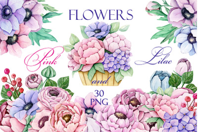 Pink and Blue Flowers PNG, Bouquets of Watercolor clipart