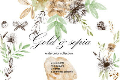 Gold and sepia. Watercolor clipart.