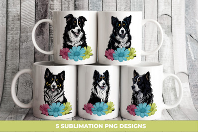 Cute Collie Dogs With Flowers Bundle, Sublimation PNG