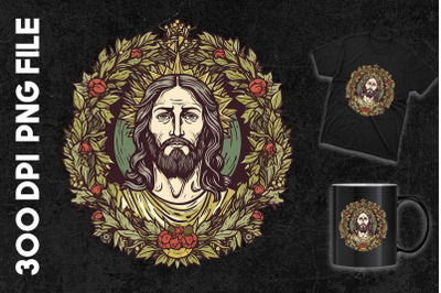 Face Of Jesus Set In A Leaf Wreath