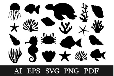 Undersea world silhouette. Sea animal silhouette. Sea SVG