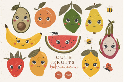 Cute fruits clipart, Fruits with face clipart, Funny fruits