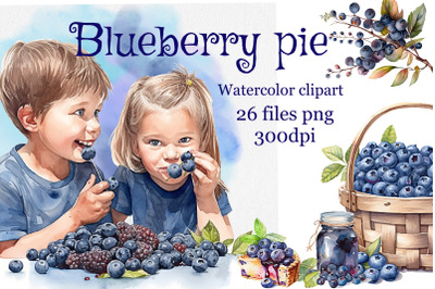 Blueberry pie. Watercolor clipart
