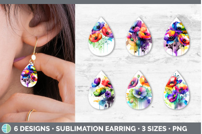 Rainbow Anemone Flowers Teardrop Earrings | Sublimation Earrings Desig