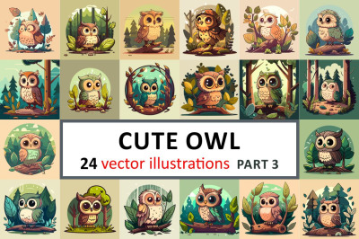 Cute Little Owl Owlet in a Fairy Forest. Flat Cartoon Vector Illustrat