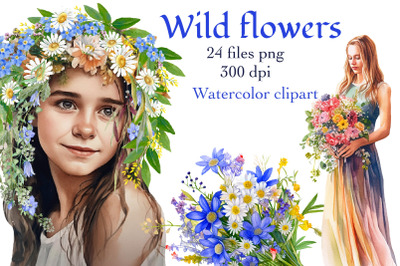 Wildflowers, bouquets, wreaths, girls, watercolor clipart