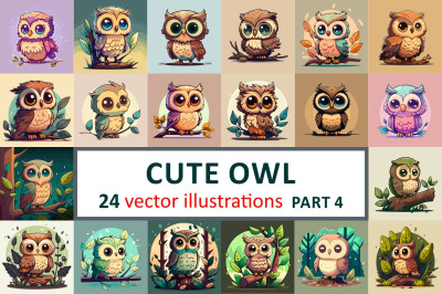 Cute Little Owl Owlet in a Fairy Forest. Flat Cartoon Vector Illustrat