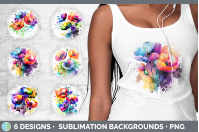 Rainbow Anemone Flowers Grunge Background | Sublimation Distressed Bac