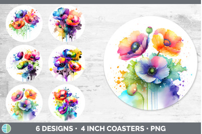 Rainbow Anemone Flowers Round Coaster | Sublimation Coaster Designs Bu