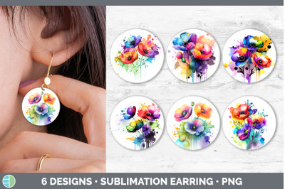 Rainbow Anemone Flowers Round Earrings | Sublimation Earrings Designs