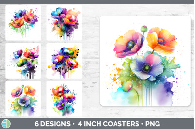 Rainbow Anemone Flowers Square Coaster | Sublimation Coaster Designs B