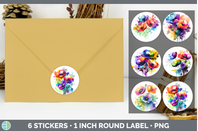 Rainbow Anemone Flowers Stickers | Round Labels Designs Bundle