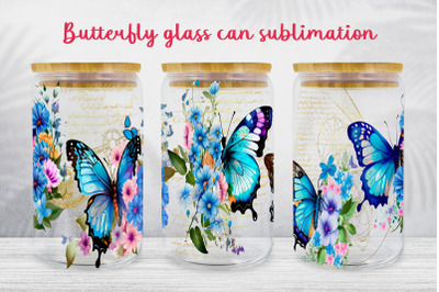 Floral glass can wrap Butterfly libbey glass can sublimation