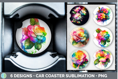 Rainbow Camellia Flowers Car Coaster | Sublimation Coaster Designs Bun