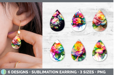 Rainbow Camellia Flowers Teardrop Earrings | Sublimation Earrings Desi