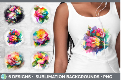 Rainbow Camellia Flowers Grunge Background | Sublimation Distressed Ba