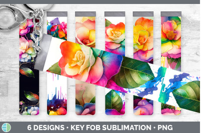 Rainbow Camellia Flowers Key Fob | Sublimation Wristlet Designs Bundle