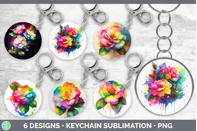 Rainbow Camellia Flowers Keychain | Sublimation Keyring Designs Bundle